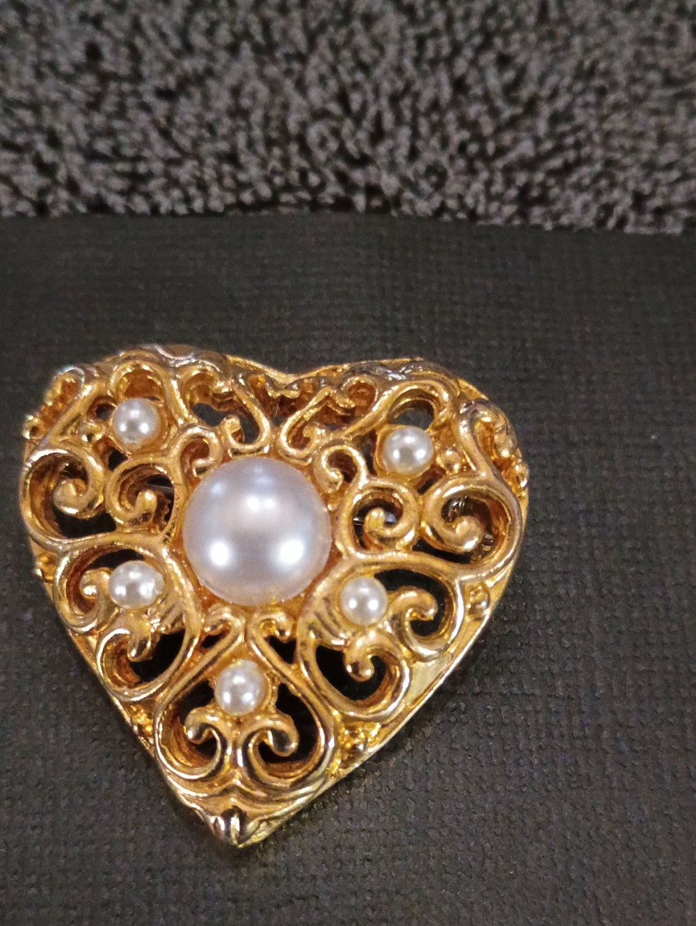 Gold Heart Filigree Brooch with Pearled Accents